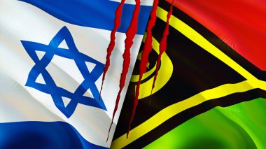 Yara izi olan İsrail ve Vanuatu bayrakları. Dalgalanan bayrak, 3 boyutlu görüntüleme. İsrail ve Vanuatu çatışma konsepti. İsrail Vanuatu ilişkileri kavramı. İsrail bayrağı ve Vanuatu krizi, savaş, saldırı konsepti