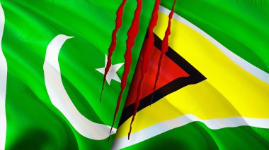 Yara izi olan Pakistan ve Guyana bayrakları. Dalgalanan bayrak, 3 boyutlu görüntüleme. Pakistan ve Guyana çatışma konsepti. Pakistan Guyana ilişkileri kavramı. Pakistan ve Guyana bayrağı krizi, savaş, saldırı konsepti