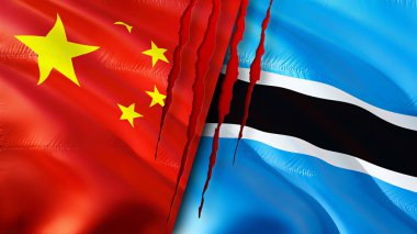 Yara izi olan Çin ve Botswana bayrakları. Dalgalanan bayrak, 3 boyutlu görüntüleme. Çin ve Botswana çatışma konsepti. Çin Botsvana ilişkileri kavramı. Çin ve Botswana bayrağı krizi, savaş, saldırı konsepti