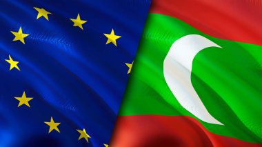 Avrupa Birliği ve Maldivler bayrakları. 3 boyutlu dalgalanan bayrak tasarımı. Avrupa Birliği Maldivler bayrağı, resim, duvar kağıdı. Avrupa Birliği, Maldivler 'e karşı görüntü, 3D görüntüleme. Avrupa Birliği Maldivler 'in ilişkileri ittifak