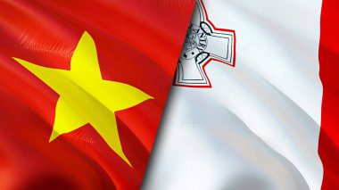 Vietnam ve Malta bayrakları yara izi konseptiyle. Dalgalanan bayrak, 3 boyutlu görüntüleme. Vietnam ve Malta çatışma konsepti. Vietnam Malta ilişkileri kavramı. Vietnam ve Malta bayrağı krizi, savaş, saldırı konsepti