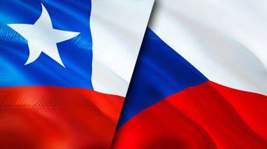 Şili ve Çek bayrakları. 3 boyutlu dalgalanan bayrak tasarımı. Şili Çek bayrağı, resim, duvar kağıdı. Şili, Çek imajına karşı, 3D görüntüleme. Şili ile Çek ilişkileri ittifak ve ticaret, seyahat, turizm konsepti