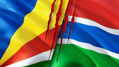 Yara izi olan Seyşeller ve Gambiya bayrakları. Dalgalanan bayrak, 3 boyutlu görüntüleme. Seyşeller ve Gambiya çatışma konsepti. Seyşeller Gambiya ilişkileri kavramı. Seyşel bayrağı ve Gambiya krizi, savaş, attac