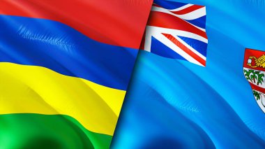 Mauritius ve Fiji bayrakları. 3 boyutlu dalgalanan bayrak tasarımı. Mauritius Fiji bayrağı, resim, duvar kağıdı. Mauritius Fiji 'ye karşı, görüntü 3 boyutlu. Mauritius Fiji ilişkileri ittifak ve ticaret, seyahat, turizm konsepti