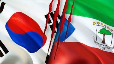 Güney Kore ve Ekvator Ginesi bayraklarında yara izi var. Dalgalanan bayrak, 3 boyutlu görüntüleme. Güney Kore ve Ekvator Ginesi çatışma konsepti. Güney Kore Ekvator Ginesi ilişkileri konsepti. bayrak o