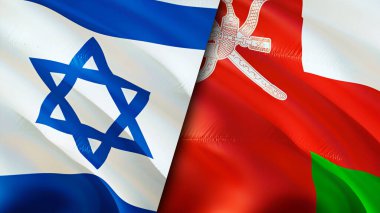 İsrail ve Umman bayrakları. 3 boyutlu dalgalanan bayrak tasarımı. İsrail Umman bayrağı, resim, duvar kağıdı. İsrail, Umman 'a karşı, görüntü 3D. İsrail Oman ilişkileri ittifak ve ticaret, seyahat, turizm konsepti