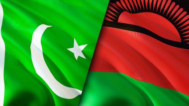 Pakistan ve Malavi bayrakları. 3 boyutlu dalgalanan bayrak tasarımı. Pakistan Malawi bayrağı, resim, duvar kağıdı. Pakistan, Malawi 'ye karşı, görüntü 3 boyutlu. Pakistan Malavi ilişkileri ittifak ve ticaret, seyahat, turizm konsepti