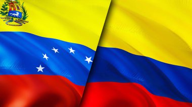 Venezuela ve Kolombiya bayrakları. 3 boyutlu dalgalanan bayrak tasarımı. Venezuela Kolombiya bayrağı, resim, duvar kağıdı. Venezuela Kolombiya 'ya karşı, görüntü 3 boyutlu. Venezuela Kolombiya ilişkileri