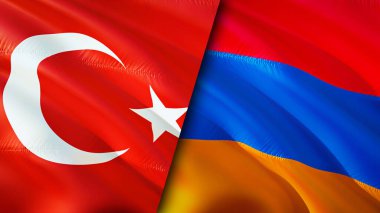 Türkiye ve Ermenistan bayrakları. 3 boyutlu dalgalanan bayrak tasarımı. Türkiye Ermenistan bayrağı, resim, duvar kağıdı. Türkiye, Ermenistan imajına karşı, 3D görüntüleme. Türkiye Ermenistan ilişkileri ittifak ve ticaret, seyahat, turizm konsepti