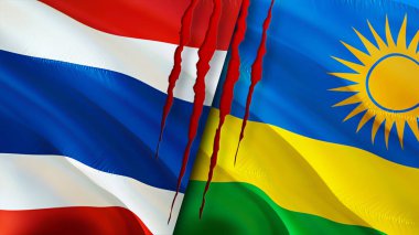 Yara izi olan Tayland ve Ruanda bayrakları. Dalgalanan bayrak, 3 boyutlu görüntüleme. Tayland ve Ruanda çatışma konsepti. Tayland Ruanda ilişkileri kavramı. Tayland bayrağı ve Ruanda krizi, savaş, saldırı konsepti