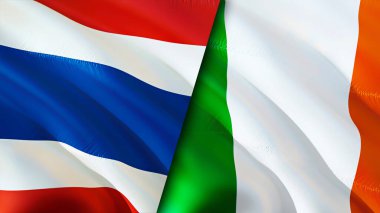 Tayland ve İrlanda bayrakları. 3 boyutlu dalgalanan bayrak tasarımı. Tayland ve İrlanda bayrağı, resim, duvar kağıdı. Tayland, İrlanda 'ya karşı, görüntü 3 boyutlu. Tayland İrlanda ilişkileri ittifak ve ticaret, seyahat, turnuva