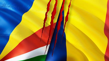 Seyşeller ve Çad bayrakları yara izi konseptiyle. Dalgalanan bayrak, 3 boyutlu görüntüleme. Seyşeller ve Çad çatışma konsepti. Seyşeller Çad ilişkileri kavramı. Seyşel bayrağı ve Çad krizi, savaş, saldırı konsepti