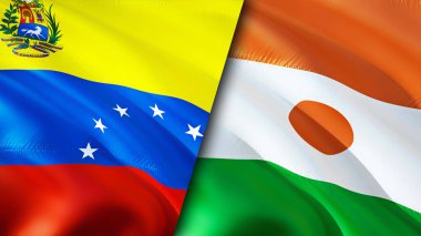 Venezuela ve Nijer bayrakları. 3 boyutlu dalgalanan bayrak tasarımı. Venezuela Nijer bayrağı, resim, duvar kağıdı. Venezuela, Nijer imajına karşı, 3 boyutlu görüntüleme. Venezuela Nijer ilişkileri ittifak ve ticaret, seyahat, turizm konsepti