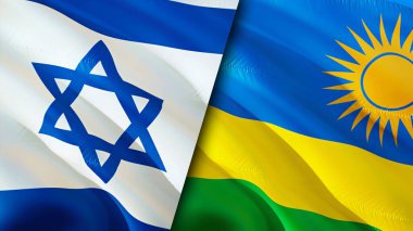 İsrail ve Ruanda bayrakları. 3 boyutlu dalgalanan bayrak tasarımı. İsrail Ruanda bayrağı, resim, duvar kağıdı. İsrail, Ruanda 'ya karşı, görüntü 3D. İsrail Rwanda ilişkileri ittifak ve ticaret, seyahat, turizm konsepti