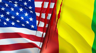 ABD ve Gine bayraklarında yara izi var. Dalgalanan bayrak, 3 boyutlu görüntüleme. ABD ve Gine çatışması konsepti. ABD Gine ilişkileri konsepti. ABD bayrağı ve Gine krizi, savaş, saldırı konsepti