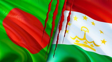 Yara izi olan Bangladeş ve Tacikistan bayrakları. Dalgalanan bayrak, 3 boyutlu görüntüleme. Bangladeş ve Tacikistan çatışma konsepti. Bangladeş Tacikistan ilişkileri kavramı. Bangladeş ve Tacikistanın bayrağı
