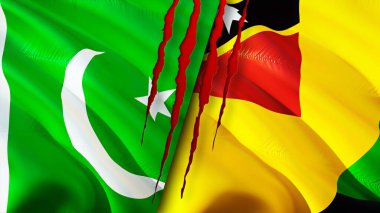 Pakistan ve Nevis adalarında yara izi var. Dalgalanan bayrak, 3 boyutlu görüntüleme. Pakistan ve Nevis Adası çatışma konsepti. Pakistan Nevis Adası ilişkileri kavramı. Pakistan ve Nevis Adası bayrağı