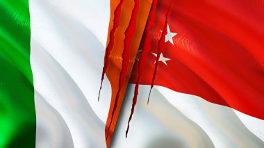 İrlanda ve Singapur bayrakları yara izi konseptiyle. 3D bayrak sallama. İrlanda ve Singapur çatışma konsepti. İrlanda Singapur ilişkileri kavramı. İrlanda bayrağı ve Singapur krizi, savaş, attac