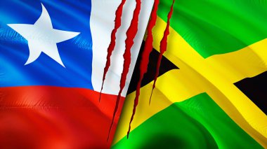 Yara izi olan Şili ve Jamaika bayrakları. Dalgalanan bayrak, 3 boyutlu görüntüleme. Şili ve Jamaika çatışması konsepti. Şili Jamaika ilişkileri kavramı. Şili ve Jamaika bayrağı krizi, savaş, saldırı konsepti