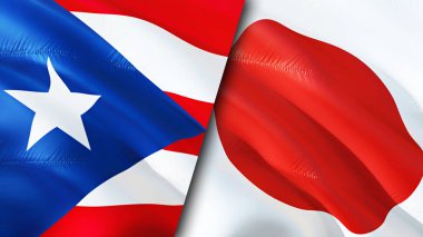 Porto Riko ve Japonya bayrakları. 3 boyutlu dalgalanan bayrak tasarımı. Porto Riko Japon bayrağı, resim, duvar kağıdı. Porto Riko, Japon imajına karşı, 3 boyutlu canlandırma. Porto Riko Japonya ilişkileri ittifak ve ticaret, seyahat, turnuva