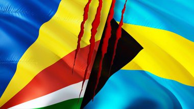 Yara izi olan Seyşeller ve Bahamalar bayrakları. Dalgalanan bayrak, 3 boyutlu görüntüleme. Seyşeller ve Bahamalar çatışma konsepti. Seyşeller Bahamalar ilişkileri kavramı. Seyşel bayrağı ve Bahamalar krizi, savaş