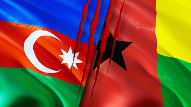 Yara izi olan Azerbaycan ve Gine Bissau bayrakları. Dalgalanan bayrak, 3 boyutlu görüntüleme. Azerbaycan ve Gine Bissau çatışma konsepti. Azerbaycan Gine Bissau ilişkileri kavramı. Azerbaycan bayrağı