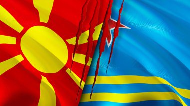 Yara izi kavramına sahip Kuzey Makedonya ve Aruba bayrakları. Dalgalanan bayrak, 3 boyutlu görüntüleme. Kuzey Makedonya ve Aruba ihtilafı kavramı. Kuzey Makedonya Aruba ilişkileri kavramı. Kuzey Makedonya ve Arub bayrağı