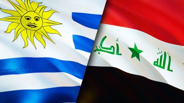 Uruguay ve Irak bayrakları. 3 boyutlu dalgalanan bayrak tasarımı. Uruguay Irak bayrağı, resim, duvar kağıdı. Uruguay Irak 'a karşı, görüntü 3D. Uruguay Irak ilişkileri ittifak ve ticaret, seyahat, turizm konsepti