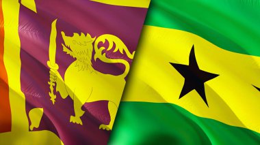 Sri Lanka ve Sao Tome ve Principe bayrakları. 3 boyutlu dalgalanan bayrak tasarımı. Sri Lanka Sao Tome ve Principe bayrağı, resim, duvar kağıdı. Sri Lanka, Sao Tome 'a karşı ve Principe imajı, 3D görüntüleme. Sri Lanka Sao Tom
