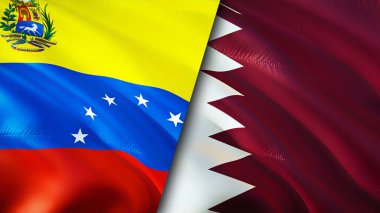 Venezuela ve Katar bayrakları. 3 boyutlu dalgalanan bayrak tasarımı. Venezuela Katar bayrağı, resim, duvar kağıdı. Venezuela Katar 'a karşı, görüntü 3 boyutlu. Venezuela Katar ilişkileri ittifak ve ticaret, seyahat, turizm konsepti