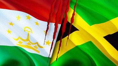 Tacikistan ve Jamaika bayraklarında yara izi var. Dalgalanan bayrak, 3 boyutlu görüntüleme. Tacikistan ve Jamaika çatışma konsepti. Tacikistan Jamaika ilişkileri kavramı. Tacikistan bayrağı ve Jamaika krizi, savaş