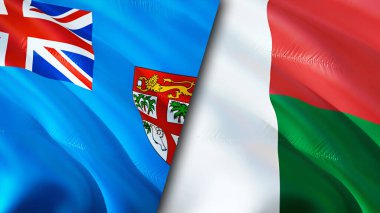 Fiji ve Madagaskar bayrakları. 3 boyutlu dalgalanan bayrak tasarımı. Fiji Madagaskar bayrağı, resim, duvar kağıdı. Fiji, Madagaskar 'a karşı, görüntü 3 boyutlu. Fiji Madagaskar ilişkileri ittifak ve ticaret, seyahat, turizm konsepti