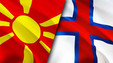 Kuzey Makedonya ve Faroe Adaları bayrakları. 3 boyutlu dalgalanan bayrak tasarımı. Kuzey Makedonya Faroe Adaları bayrağı, resmi, duvar kağıdı. Kuzey Makedonya, Faroe Adaları 'na karşı, görüntü 3D. Kuzey Makedonya Faro