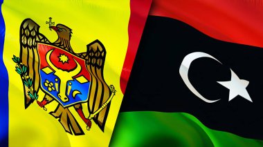Moldova ve Libya bayrakları. 3 boyutlu dalgalanan bayrak tasarımı. Moldova Libya bayrağı, resim, duvar kağıdı. Moldova Libya imajına karşı, 3D görüntüleme. Moldova Libya ilişkileri ittifak ve Ticaret, seyahat, turizm konsepti