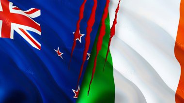 Yara izi olan Yeni Zelanda ve İrlanda bayrakları. 3D bayrak sallama. Yeni Zelanda ve İrlanda çatışma konsepti. Yeni Zelanda İrlanda ilişkileri kavramı. Yeni Zelanda ve Irelan bayrağı