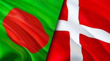 Bangladeş ve Danimarka bayrakları. 3 boyutlu dalgalanan bayrak tasarımı. Bangladeş Danimarka bayrağı, resim, duvar kağıdı. Bangladeş, Danimarka görüntüsüne karşı, 3D görüntüleme. Bangladeş Danimarka ilişkileri bir