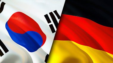 Güney Kore ve Almanya bayrakları. 3 boyutlu dalgalanan bayrak tasarımı. Güney Kore Almanya bayrağı, resim, duvar kağıdı. Güney Kore, Almanya 'ya karşı, görüntü 3D. Güney Kore Almanya ittifakı