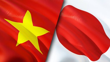 Vietnam ve Japonya yara izi olan bayraklar. Dalgalanan bayrak, 3 boyutlu görüntüleme. Vietnam ve Japonya çatışma konsepti. Vietnam Japonya ilişkileri kavramı. Vietnam bayrağı ve Japonya krizi, savaş, saldırı konsepti