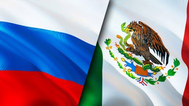 Rusya ve Meksika bayrakları. 3 boyutlu dalgalanan bayrak tasarımı. Rusya Meksika bayrağı, resim, duvar kağıdı. Rusya, Meksika imajına karşı, 3D görüntüleme. Rusya Meksika ilişkileri ittifak ve ticaret, seyahat, turizm konsepti