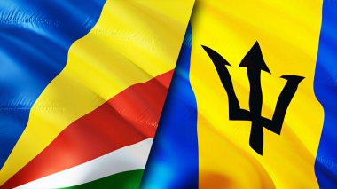 Seyşeller ve Barbados bayrakları. 3 boyutlu dalgalanan bayrak tasarımı. Seyşeller Barbados bayrağı, resim, duvar kağıdı. Seyşeller Barbados 'a karşı, görüntü 3D. Seyşeller Barbados ilişkiler ittifakı