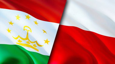 Tacikistan ve Polonya bayrakları. 3 boyutlu dalgalanan bayrak tasarımı. Tacikistan Polonya bayrağı, resim, duvar kağıdı. Tacikistan, Polonya 'ya karşı, görüntü 3D. Tacikistan Polonya ilişkileri ittifak ve ticaret, seyahat, turnuva