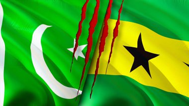 Pakistan ve Sao Tome ve Principe bayrakları yara izi konseptiyle. Dalgalanan bayrak, 3 boyutlu görüntüleme. Pakistan ve Sao Tome ve Principe çatışma konsepti. Pakistan Sao Tome ve Principe ilişkileri kavramı. bayrak o