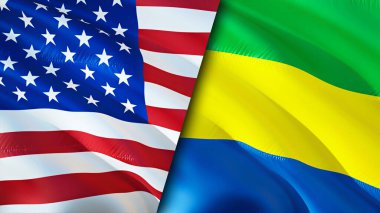ABD ve Gabon bayrakları. 3 boyutlu dalgalanan bayrak tasarımı. ABD Gabon bayrağı, resim, duvar kağıdı. ABD Gabon 'a karşı, görüntü 3 boyutlu. ABD Gabon ilişkileri ittifak ve ticaret, seyahat, turizm konsepti