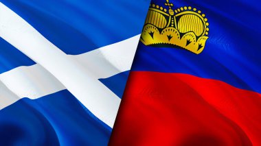 İskoçya ve Liechtenstein bayrakları. 3 boyutlu dalgalanan bayrak tasarımı. Scotland Liechtenstein bayrağı, resim, duvar kağıdı. İskoçya, Liechtenstein 'a karşı, görüntü 3D. Scotland Liechtenstein İlişkiler Birliği