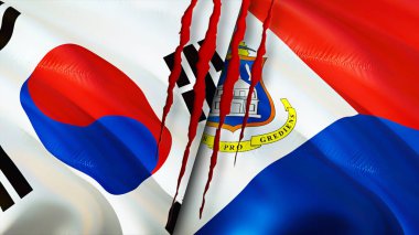 Güney Kore ve yara izi olan Sint Maarten bayrakları. Dalgalanan bayrak, 3 boyutlu görüntüleme. Güney Kore ve Sint Maarten çatışma konsepti. Güney Kore Sint Maarten ilişkileri konsepti. Güney Kore bayrağı