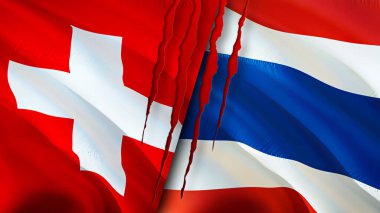 Yara izi olan İsviçre ve Tayland bayrakları. Dalgalanan bayrak, 3 boyutlu görüntüleme. İsviçre ve Tayland çatışma konsepti. İsviçre Tayland ilişkileri kavramı. İsviçre ve Tayland bayrağı