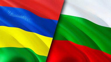 Mauritius ve Bulgaristan bayrakları. 3 boyutlu dalgalanan bayrak tasarımı. Mauritius Bulgaristan bayrağı, resim, duvar kağıdı. Mauritius, Bulgaristan 'ın 3D görüntüsüne karşı. Mauritius Bulgaristan ilişkileri bir ittifak