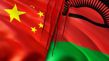 Yara izi olan Çin ve Malavi bayrakları. Dalgalanan bayrak, 3 boyutlu görüntüleme. Çin ve Malavi çatışma konsepti. Çin Malavi ilişkileri kavramı. Çin bayrağı ve Malavi krizi, savaş, saldırı konsepti