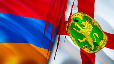 Yara izi olan Ermenistan ve Alderney bayrakları. Dalgalanan bayrak, 3 boyutlu görüntüleme. Ermenistan ve Alderney çatışma konsepti. Ermenistan Alderney ilişkileri kavramı. Ermenistan bayrağı ve Alderney krizi, savaş,