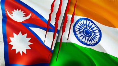 Yara izi olan Nepal ve Hindistan bayrakları. Dalgalanan bayrak, 3 boyutlu görüntüleme. Nepal ve Hindistan çatışma konsepti. Nepal Hindistan ilişkileri kavramı. Nepal bayrağı ve Hindistan krizi, savaş, saldırı konsepti